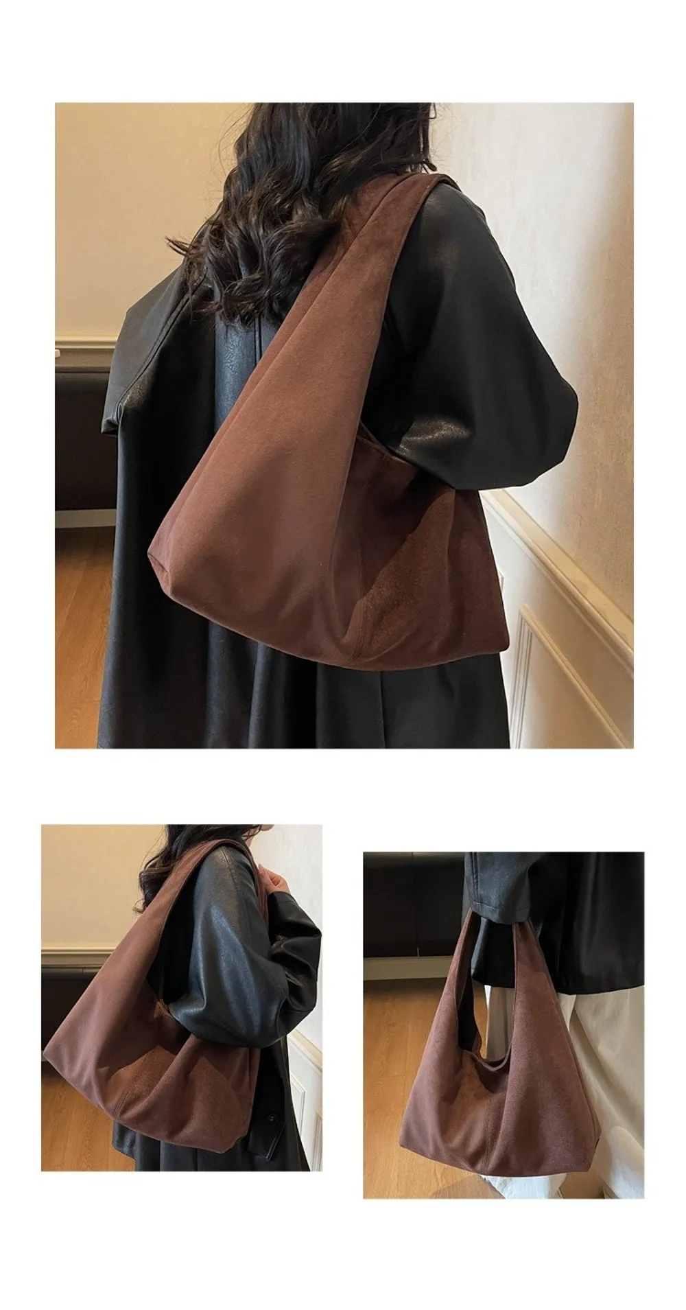 Lässige Retro-Damen-Schultertasche aus Wildleder mit großem Fassungsvermögen, einfarbige Shopper-Tasche – Detail 2