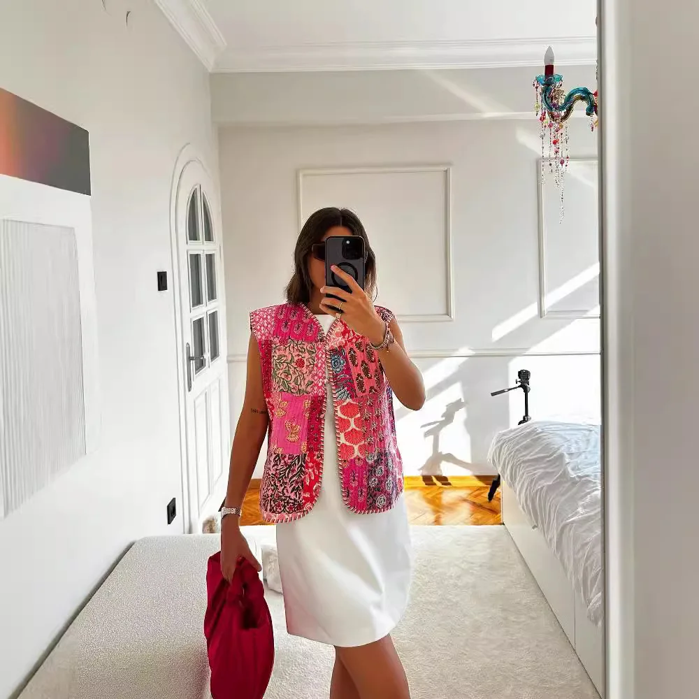 2025 Autumn Winter WomenRetro Print Jacket Vest Sleeveless V Neck Lace-up Cardigan Waistcoat Loose Female Streetwear Lady Tops