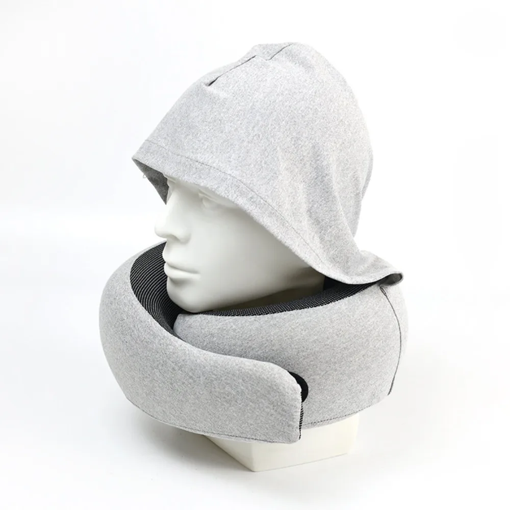 Breathable Hooded Neck Pillow Soft Support Adjustable Foam Travel Pillow with Storage Bag U-Shaped Travel Pillow Airplane Use