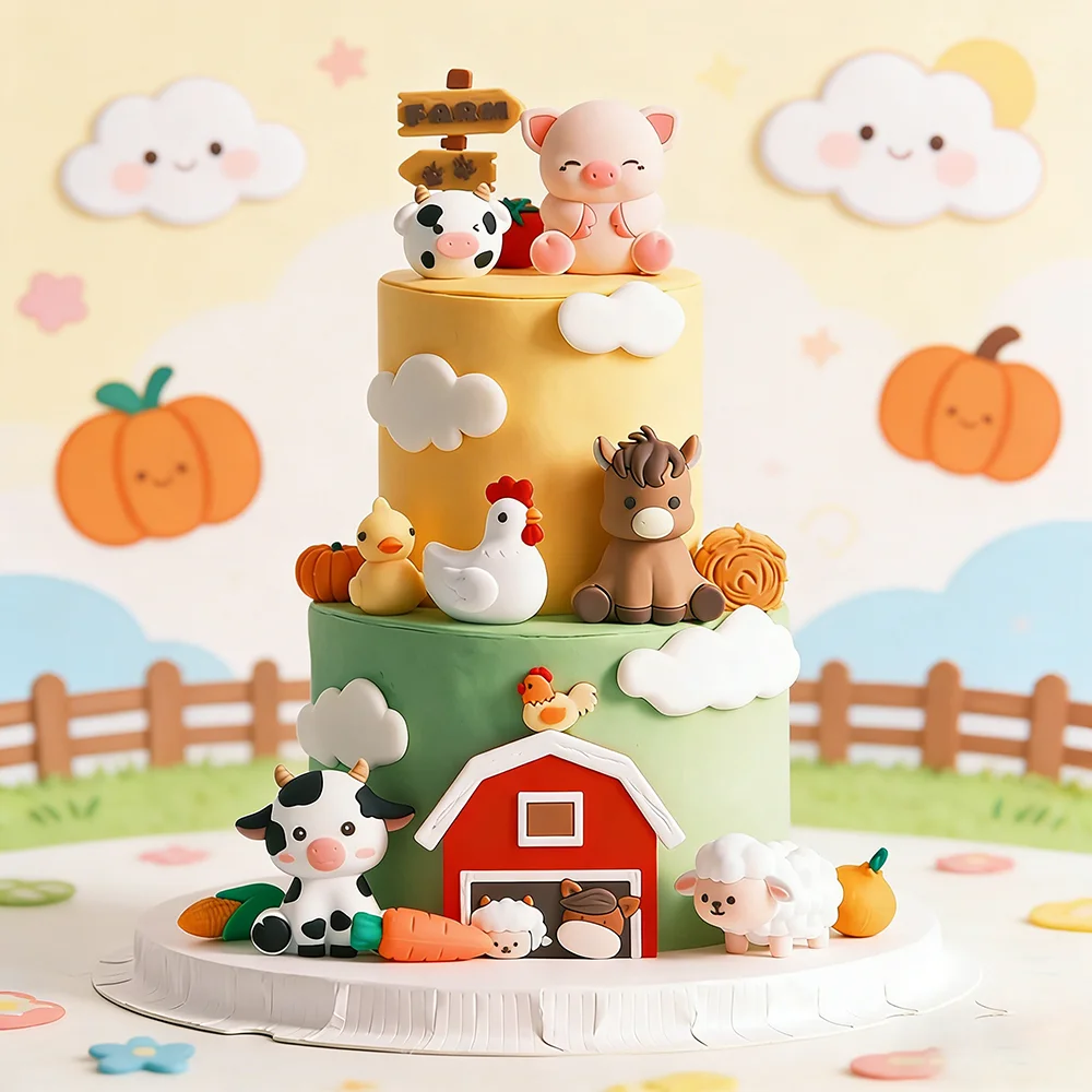 Tierkuchen-Topper-Set Niedliche Schweine Schafe Kühe Pferde mit Gemüse Cartoon-Design für Kindergeburtstags-Dekoration