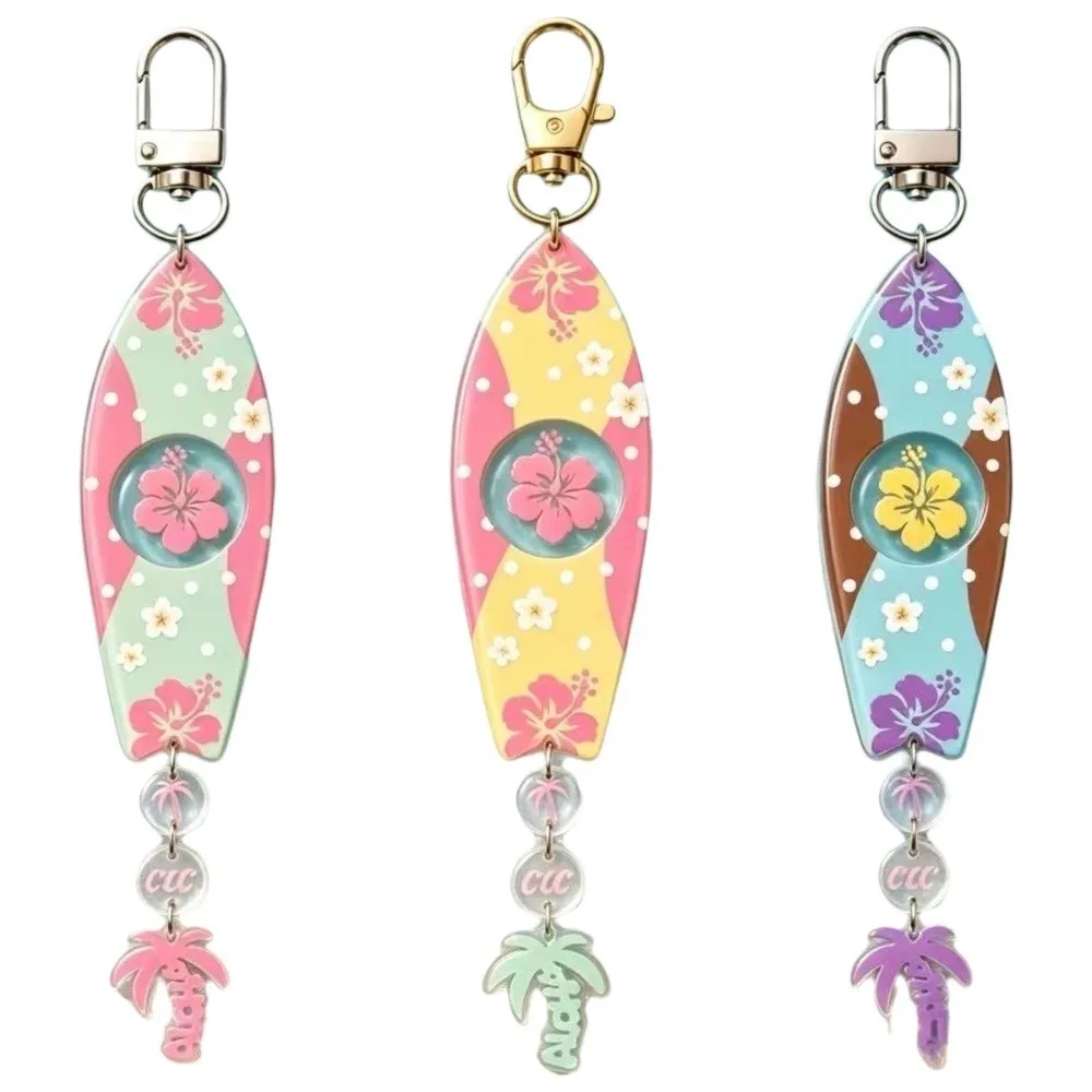 New Hawaiian Surfboard Shaped Keychain Flower Pattern Acrylic Hibiscus Key Rings Double-Sided Handmade Palm Tree Keychain Summer