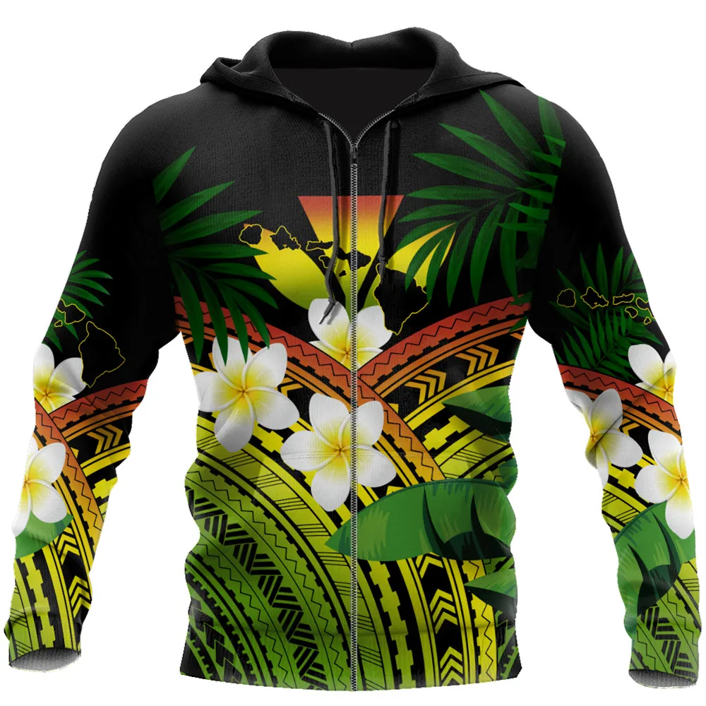 

HX Fashion Zip Hoodies Polynesian Frangipani Leaf Men Sweatshirts 3D Printed Pockets Sportshirts Men for Women Clothing