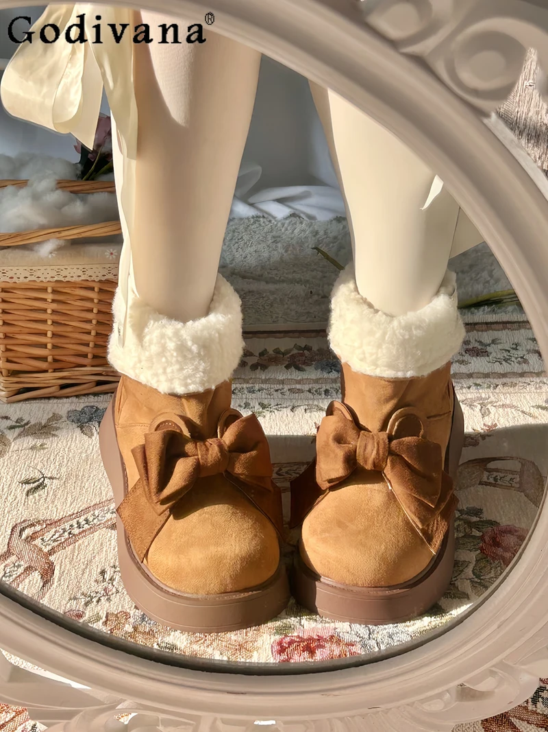 

Japanese Original Lolita Sweet Cute Bowknot Girl Snow Boots Fleece-Lined Round Toe Thick Sole Platform Warm Short Boots