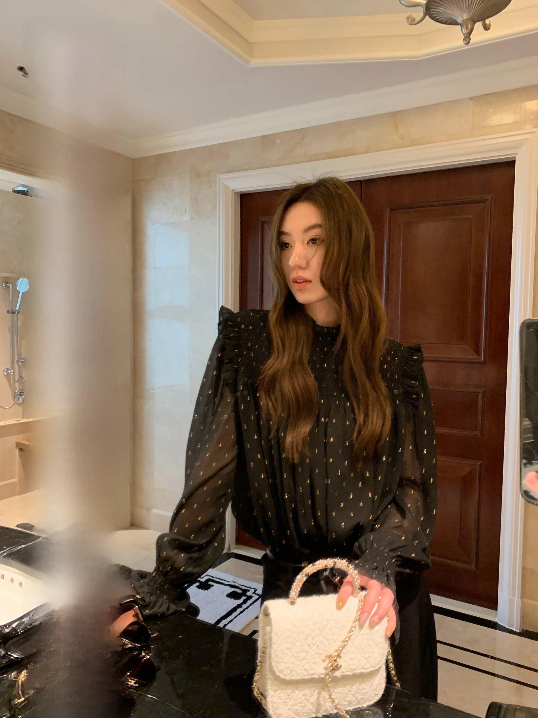 

Gakee Official Gold-Leafed Dot Black Chiffon Shirt Women's Spring Summer High-End Loose Fashionable Blouse French Style Polye...