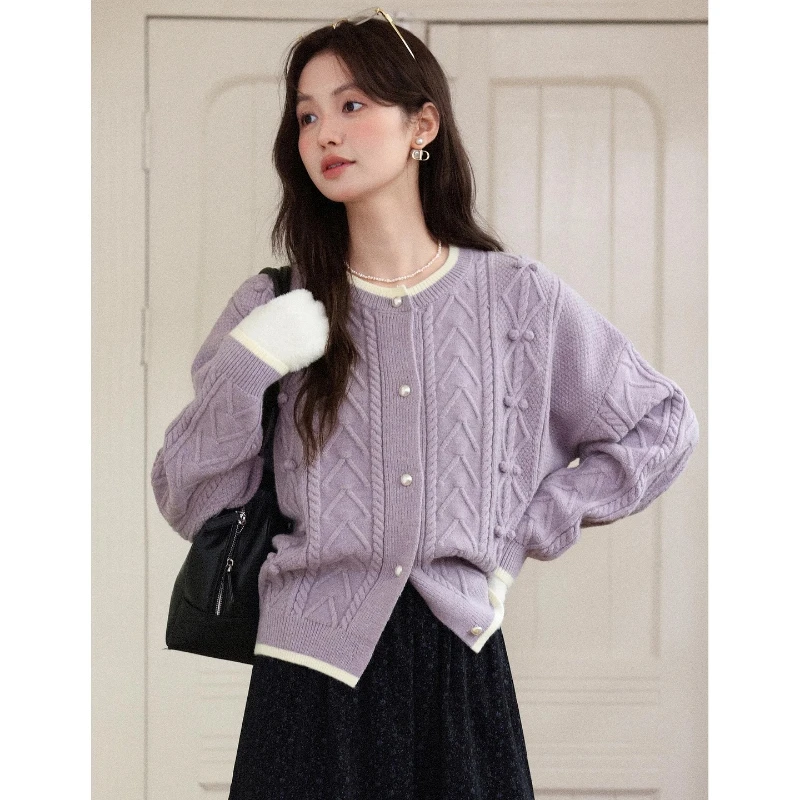 

ALXNAN женские свитера на осень с жемчужными пуговицами на плечах, вязаные лоскутные кардиганы, нежная элегантная зимняя одежда L52510