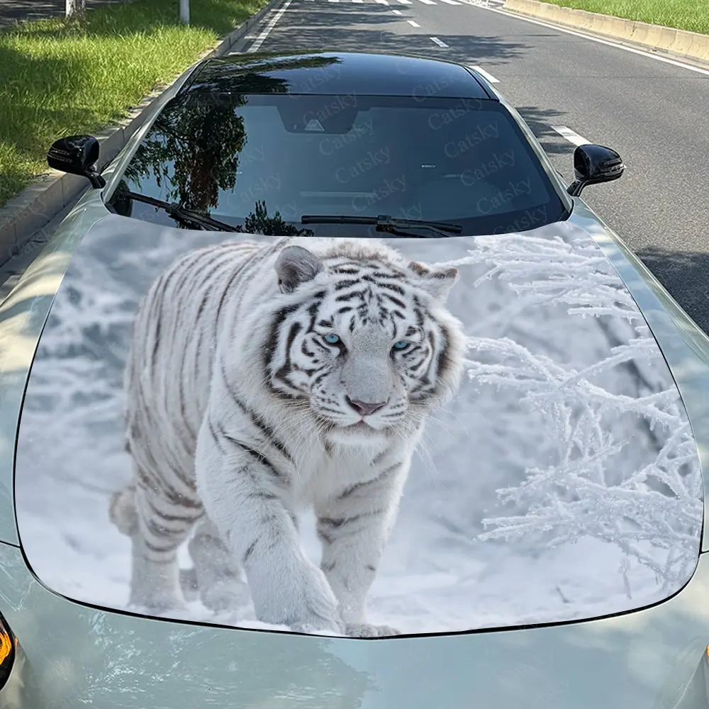 氷と雪の白い虎の車のボンネットデカール、耐久性のある自己粘着pvcステッカー、防水性と耐傷性のある車用ビニールラップ