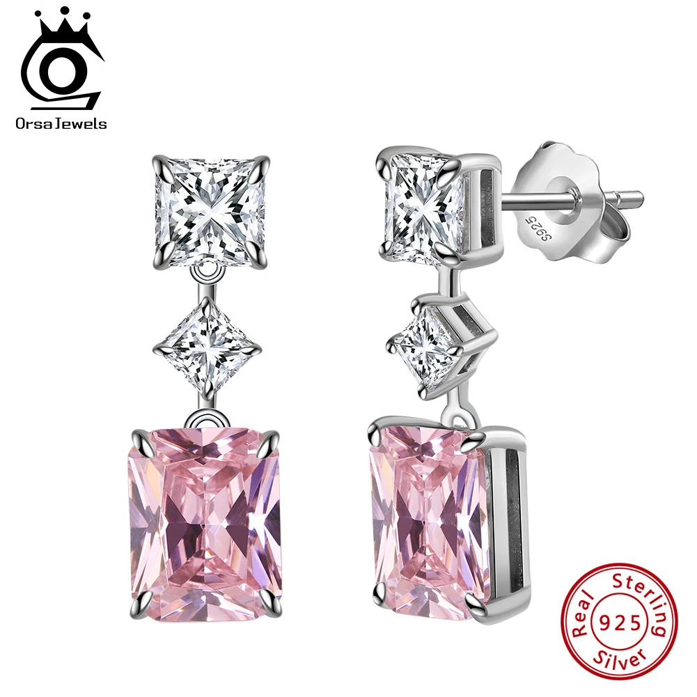 

ORSA JEWELS 925 Sterling Silver Pink CZ Dangle Earrings Rhodium Square Cut 5A Clear CZ Drop Earrings for Women Jewelry LZE32