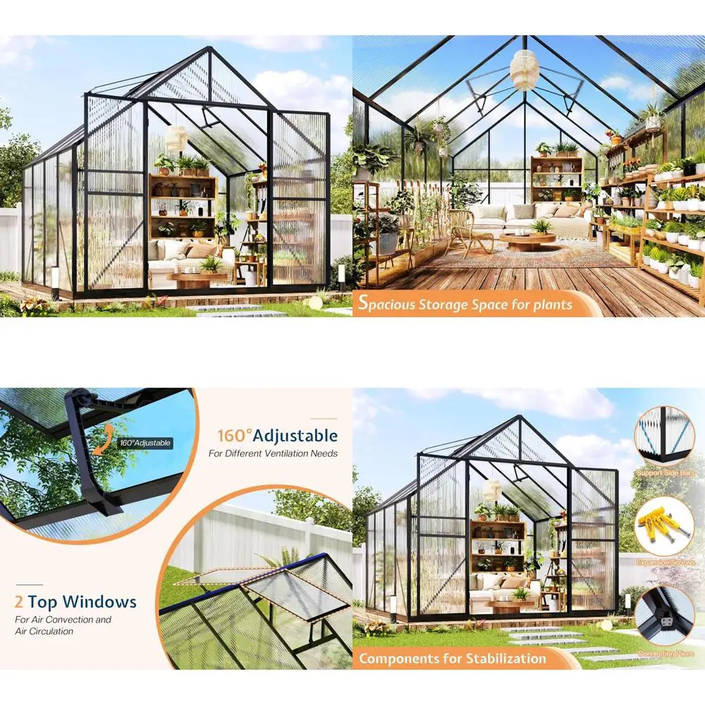 

8x8 Outdoor Greenhouse with 7ft Height, 2 Windows, Dual Doors, Aluminum Frame, Heavy Duty Polycarbonate