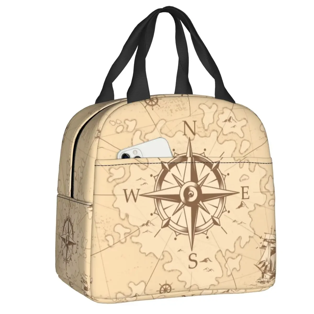 Vintage Pirates Map Insulated Lunch Bag Nautical Compass Anchor Portable Cooler Thermal Lunch Box  for Women Children Food Tote