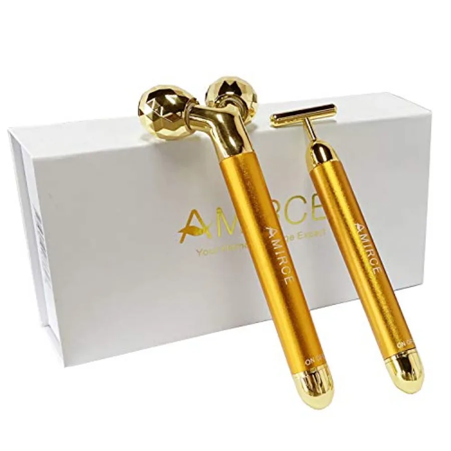 

Amirce Face Massager Roller Golden 3D Roller Electric Facial Roller and T Shape Facial Roller Massager Kit Face Roller