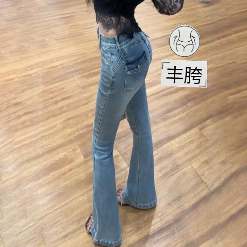 

Slim Fit High Waist Bell Bottom Jeans Women's Natural Washed Elastic Waist Design Shape Memory Commute Style Autumn Fashion
