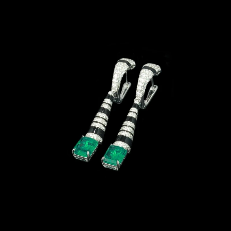 CAMEO 925 Silver Gold-plated High Carbon Diamond Enamel 2.5ct Synthetic Emerald Artdeco Luxury Banquet Leopard Print Earrings