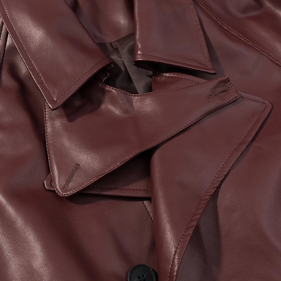 3 ألوان ربيع جديد الأمريكية الرجعية المرأة بولي Leather سترة جلدية التلبيب طوق مشبك حزام تنحنح معطف طويل الأكمام ملابس خارجية قصيرة فضفاضة