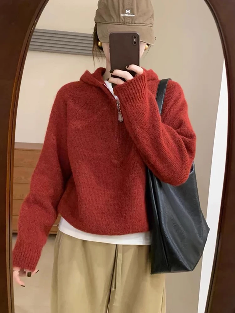 

Red Knitted Hooded Sweater Thiened Winter Inner Wear Women's Loose Fit Zipper Closure Soft Cozy Knitwear Spring Autumn Winter