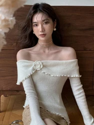 Deeptown Korean Fashion Off Shoulder Sweater Women Fairycore Aesthetic Knitted Jumper Mujer Chic Elegant Long Sleeve Top Spring