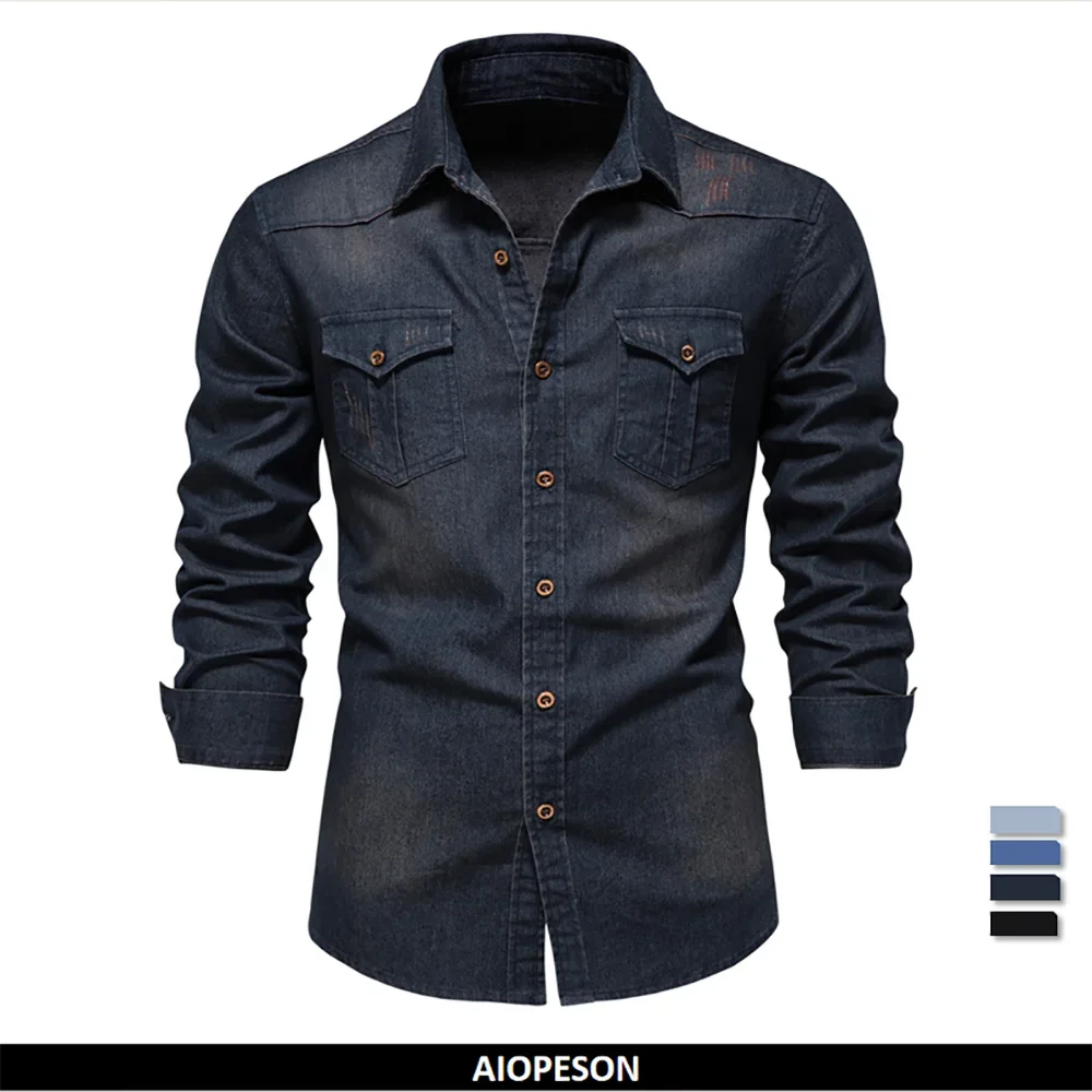 

AIOPESON Brand Elastic Cotton Denim Shirt Men Long Sleeve Quality Cowboy Shirts for Men Casual Slim Fit Mens Designer Clothing