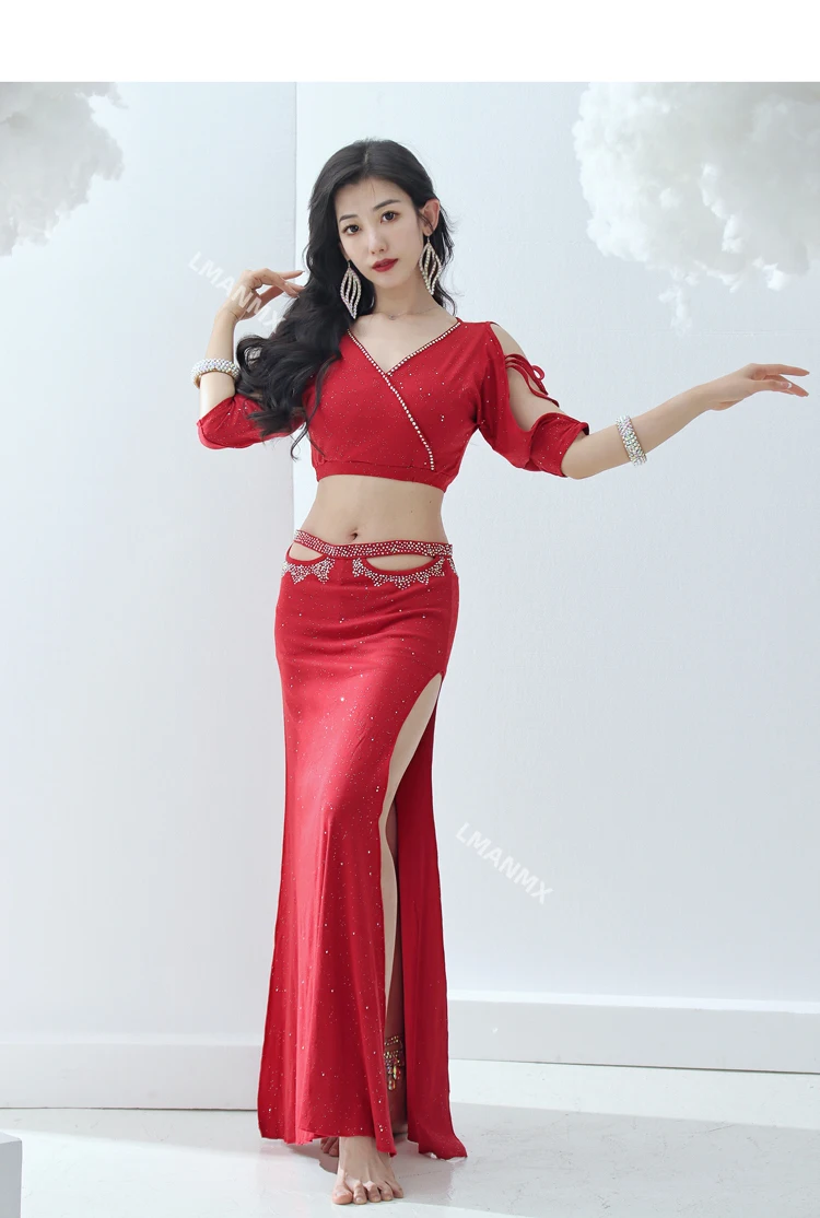 New Fashion Women Bellydance Costume Set 2pcs luxury rhinestones Top Split Long Skirt Clothes Belly Dance Oriental  Dancewear