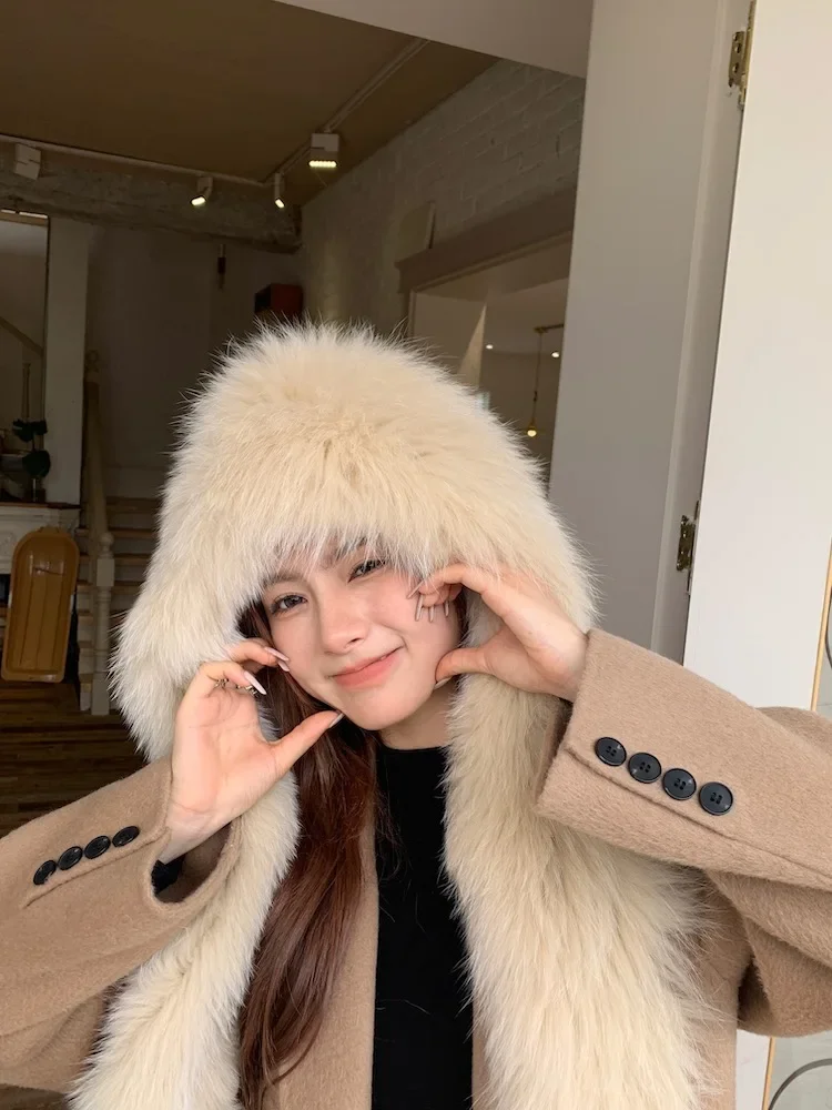 

Fox fur scarf hat integrated winter warm cold resistant thickened fur scarf hat Korean version