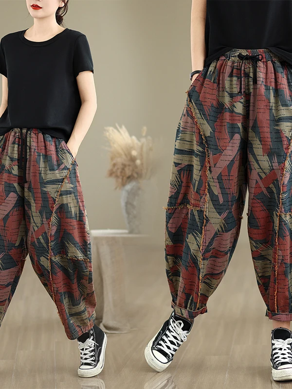 

Trendy Letter Print Patchwork Design Silk Denim Pants Loose plus Size Slimming Concealing Harlan Summer Casual Ladies Jeans