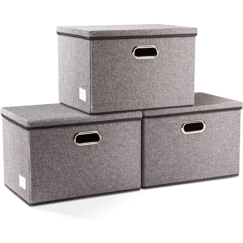 

Large Collapsible Storage Bins with Lids [3-Pack] Linen Fabric Foldable Storage Boxes Organizer Containers Baskets