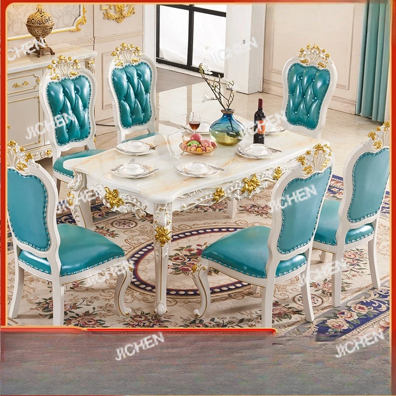 

XH European Solid Wood Natural Marble Rectangular Dining Table Dining Chair Combination Size Apartment Restaurant Dining Tabl