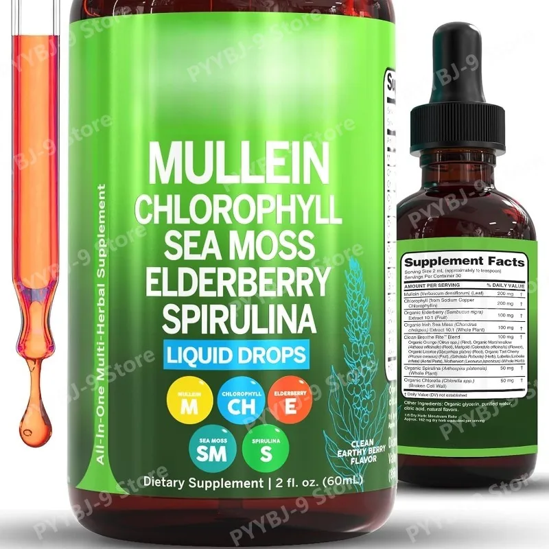 

Жидкая настойка для очищения легких Mullein Drops с хлорофиллом, бузиной, морскими водорослями, спирулиной, хлореллой и календулой для мужчин и женщин, 2 жидких унции