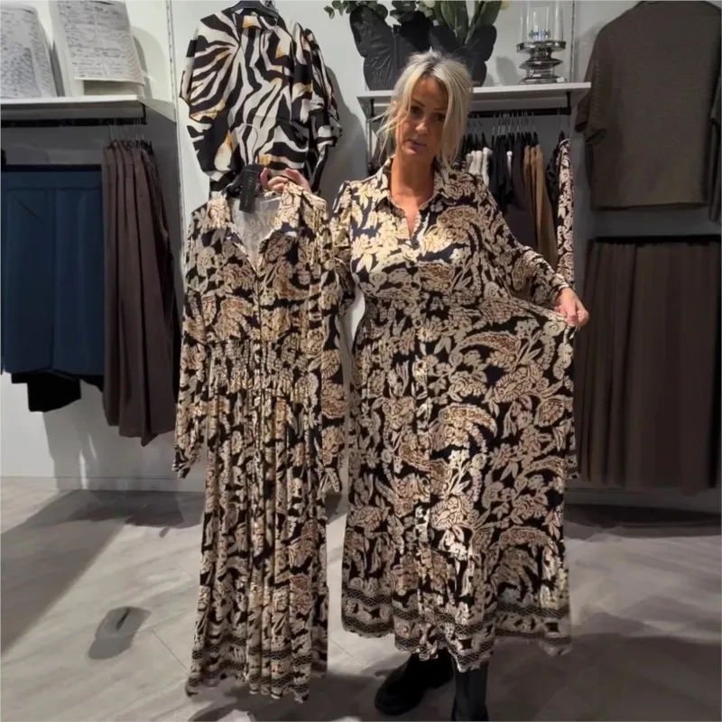 Long Dresses Luxury Abstract Print Elegant Vintage Spring Autumn Multicolor Maxi Shirt Dress Resort Seaside Boho Festivals