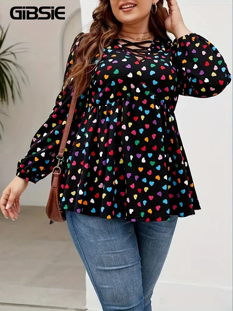 

GIBSIE Plus Size Heart Print V Neck Peplum Blouse Women Spring Fall Sweet Casual Long Sleeve Female Ruffle Hem Blouses Tops 2024