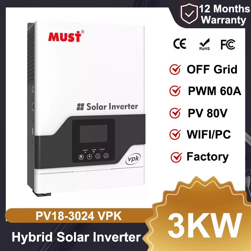 MUST PV1800 VPK 3KW 24V inversor Solar híbrido doméstico 60A controlador de carga alta frecuencia pequeño fuera de la red sistema Solar WIFI Monitor