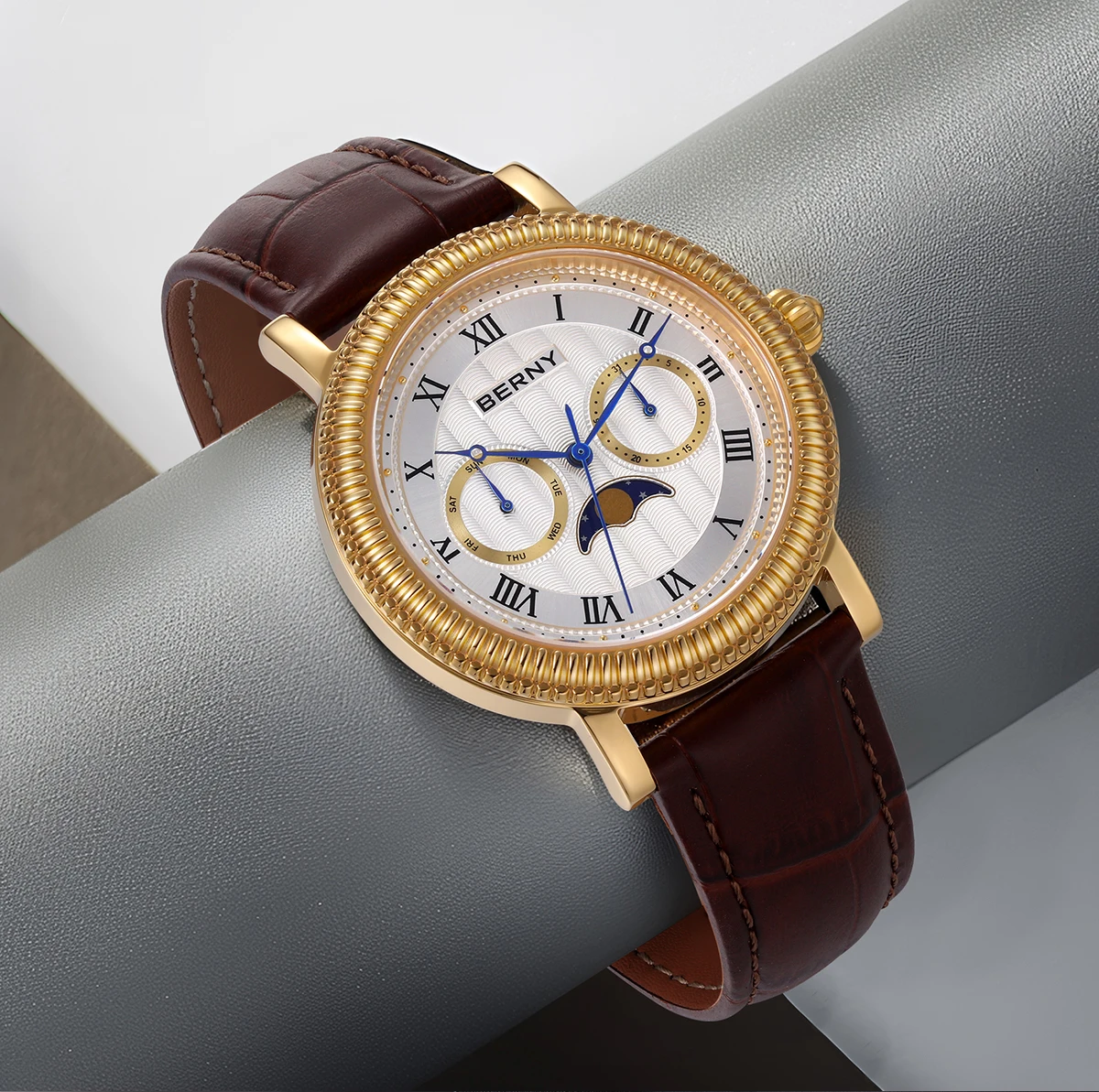 BERNY Uhren für Herren, Luxus-Kleidermarke, Business, Gold, Quarz, echte Monde, Herrenuhr, S/S, Saphir, Kalender, Mondphase-Armbanduhr – Detail 9