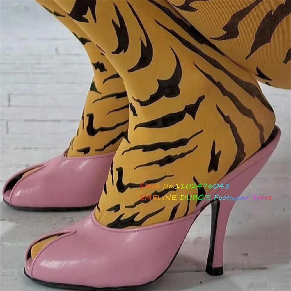 

Розовые кожаные сабо, женские круглые однотонные женские тапочки с открытым носком спереди и V-образным декором на шпильке без шнуровки с открытой пяткой