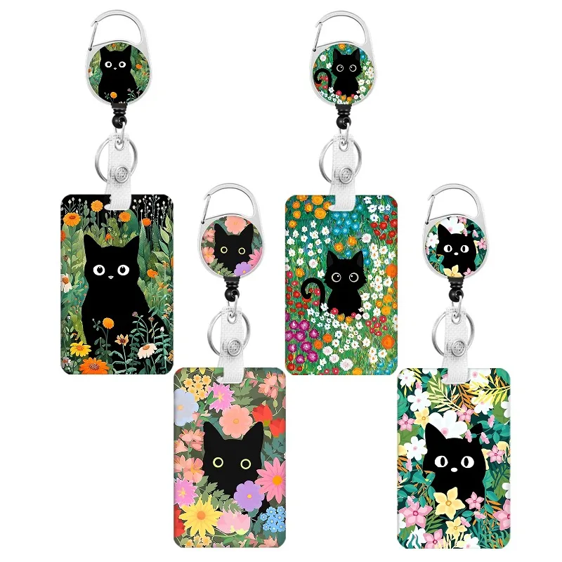 cat floral badge e reel lanyard conjunto para mulheres gato preto bonito facil puxar fivela material de escritorio estetico 01