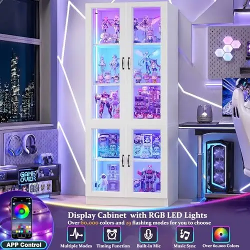 80" Display Cabinet with Glass Doors, 5-Tier Tall Bookcase with LED Light, Glass Display Case with Adjustable Shelves view 4