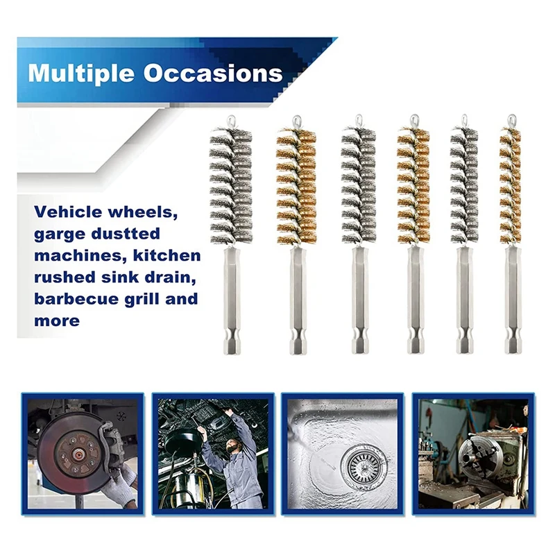 12 buah Set sikat pembersih lubang kawat sikat putar kawat baja tahan karat untuk obeng Impact bor dalam 6 Ukuran
