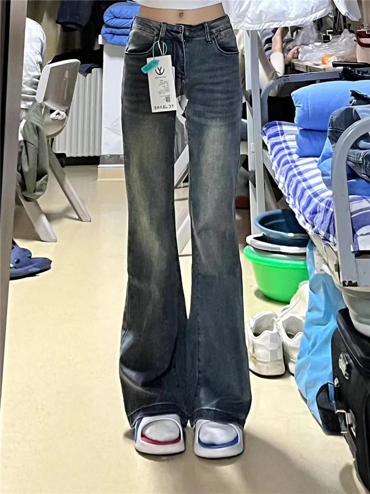 

American Retro Extended Low Waist Bell Bottom Jeans Women's Slim Fit Elastic Vintage Floor Length Pants Spring Autumn