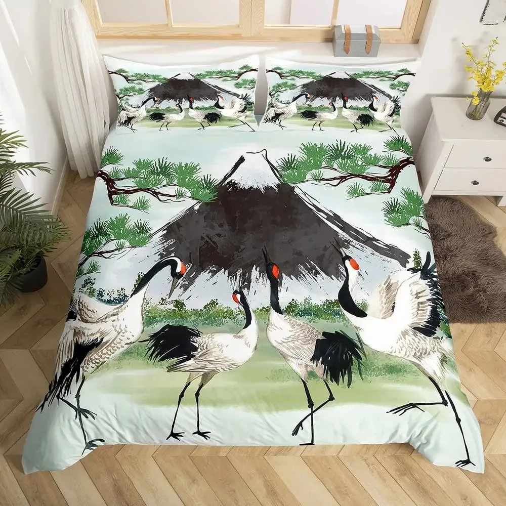 

Japanese Fuji Mountain Duvet Cover Set Crane Bedding Set Watercolor Nature Tree Branches Comforter Cover Traditional Quilt Cover