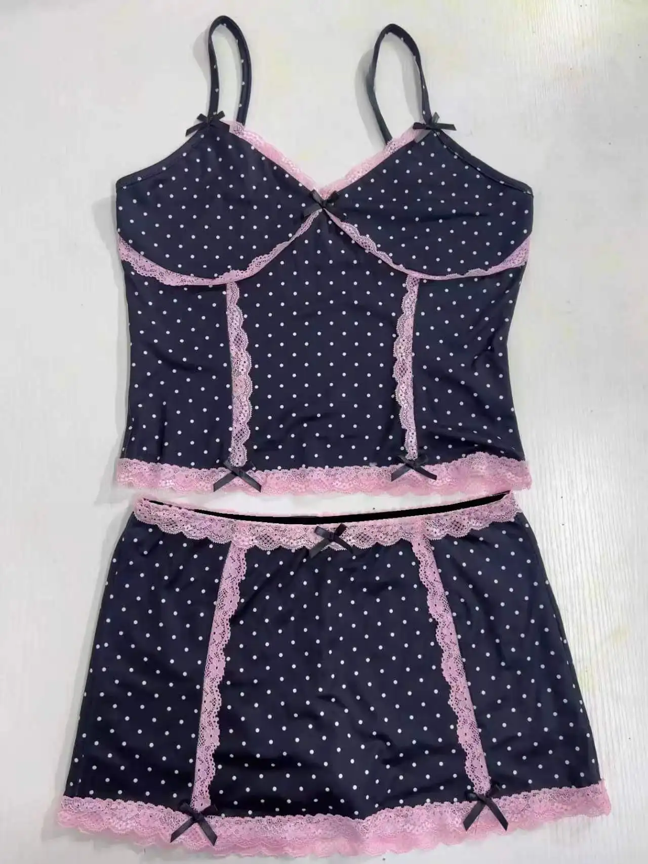 Women Sexy Summer Skirt Sets Polka Dot Print Lace Trim  V-Neck Sleeveless Cami Tops Mini Suit Y2K 2 Pieces Outfits 2000s Clothes