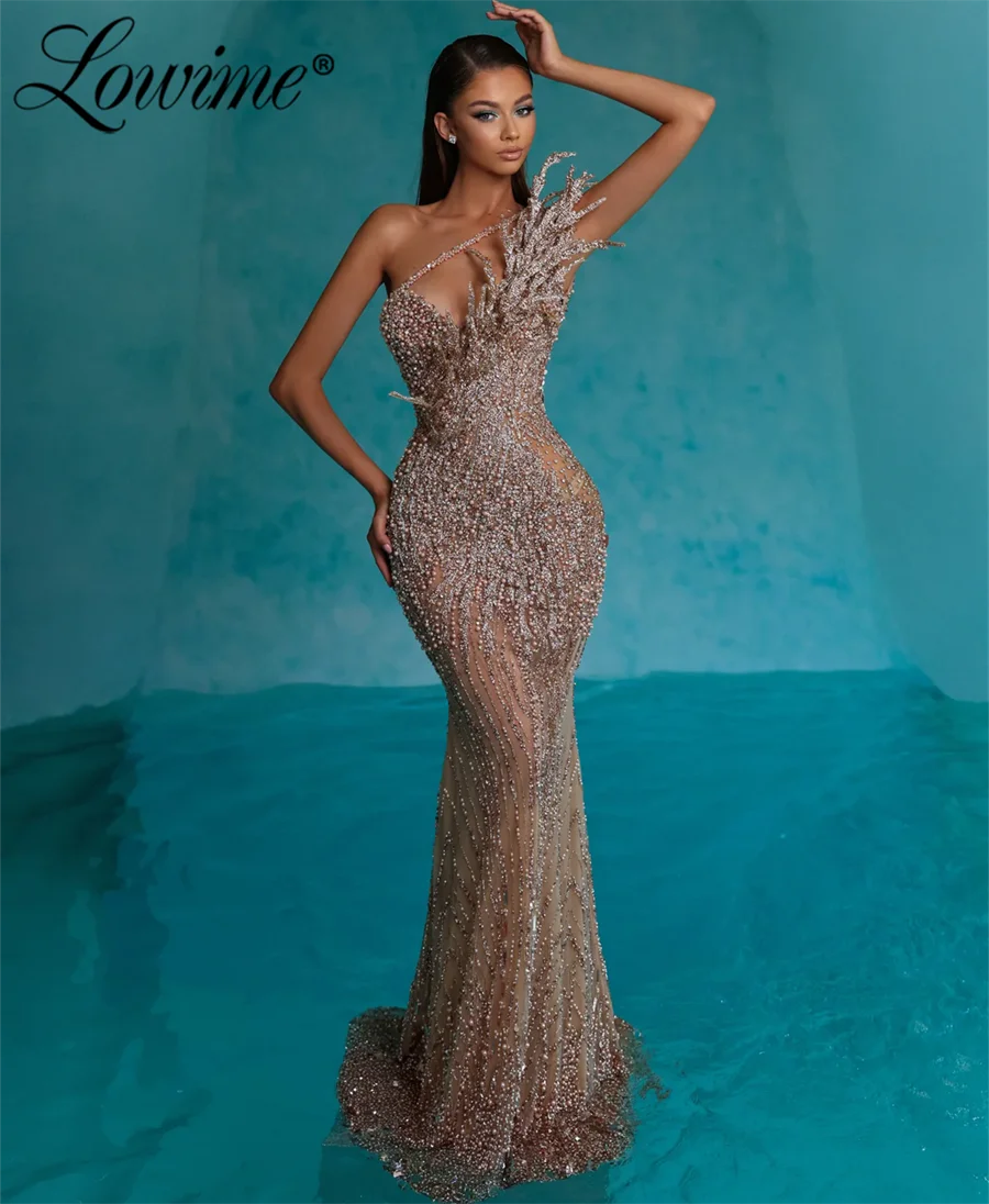 

Exquisite Full Beaded Blue Prom Dresses One Shoulder Customized Mermaid Party Dress Crystals Arabic Long Evening Gowns For Women