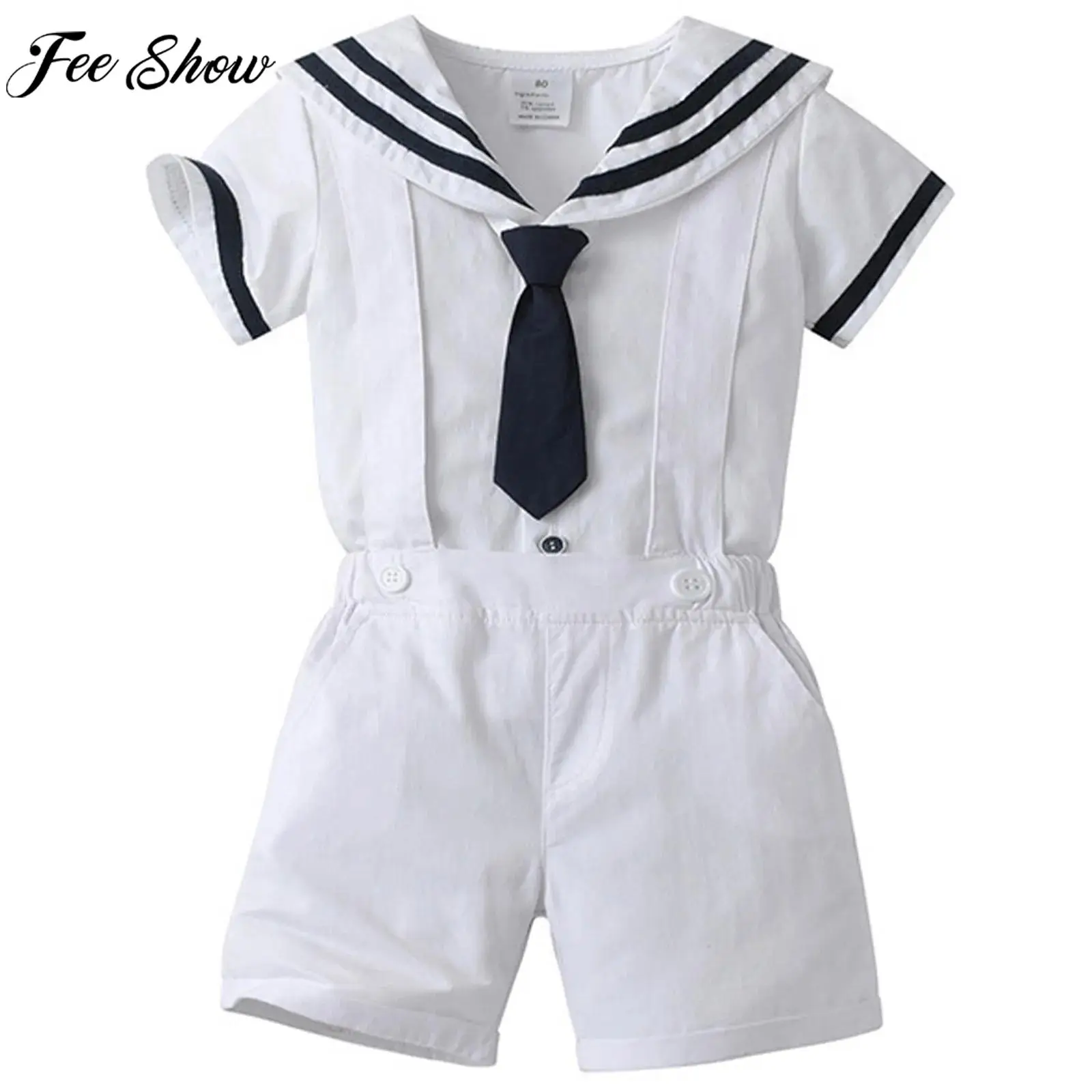 

Костюм моряка в темно-синем стиле для маленьких мальчиков, летние топы с короткими рукавами и шорты на подтяжках для праздничной тематической вечеринки, фотографии