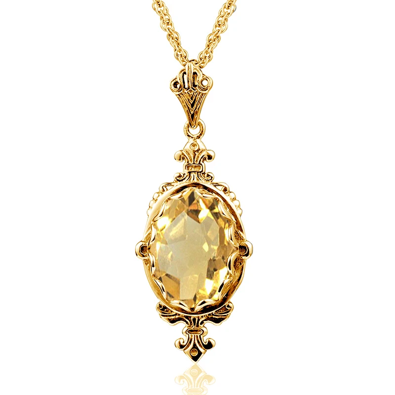 100% Sterling Silver 925 Citrine Necklace Women Luxury 10*14mm 8ct Oval Yellow Stone Pendant Victoria Style Jewelry Gift Female