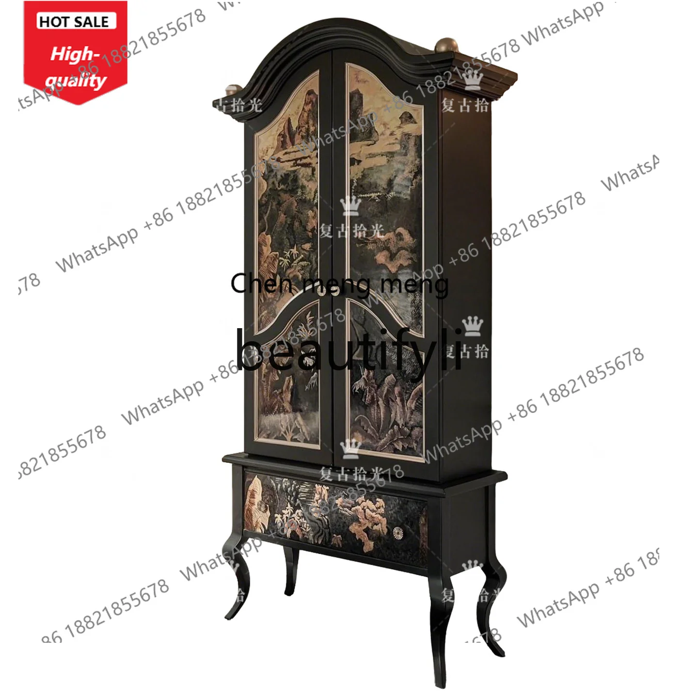 

French retro solid wood carving flower wine cabinet painted decorative cabinet living room vertical locker