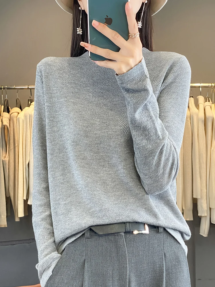 

Autumn Winter Women's Slim Fit Knitted Base Shirt round Neck Long Sleeve Pure Color Loose Versatile Sweater for Coats