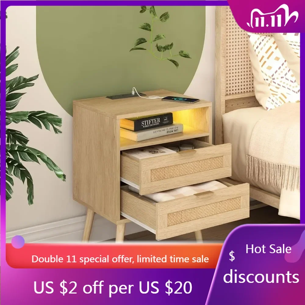 

Rattan Nightstands Set with Charging Station and Led Lights, End Tables with 2 Drawers and Wood Legs, Bedside Tables