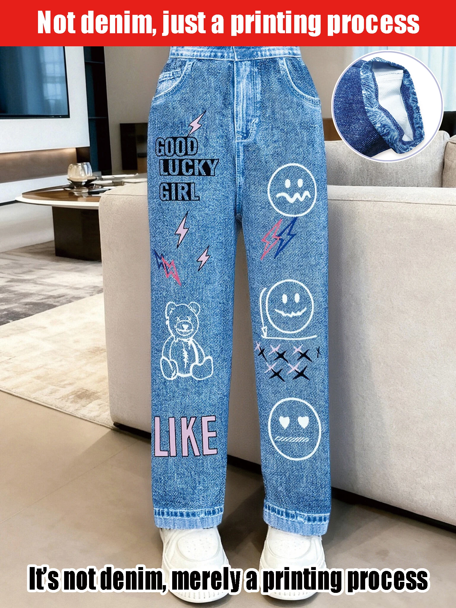 

Girls' Trendy Fitted Faux Denim Style Trousers 2026 Cartoon Alphabet Smiley Face Print Children's Fashion Casual Imitation Denim