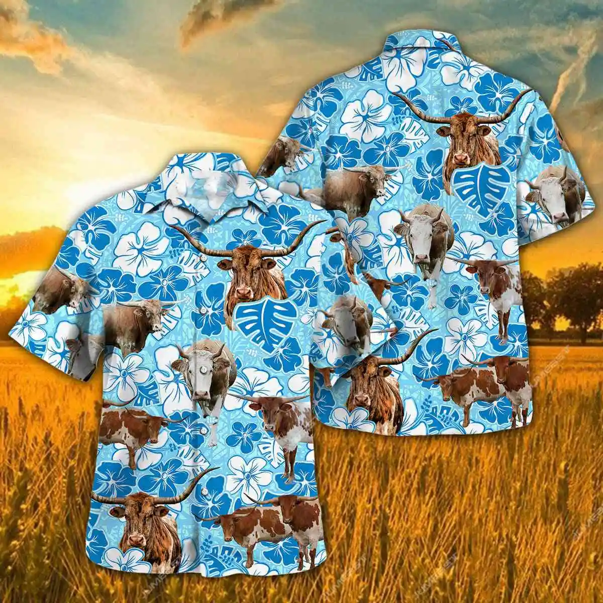 Jumeast Holstein Cow Men Hawaiian Shirt Blue Floral Hibiscus Flower Beach Blouse Farm Pig Cattle Cute Clothes Farmer Gifttify