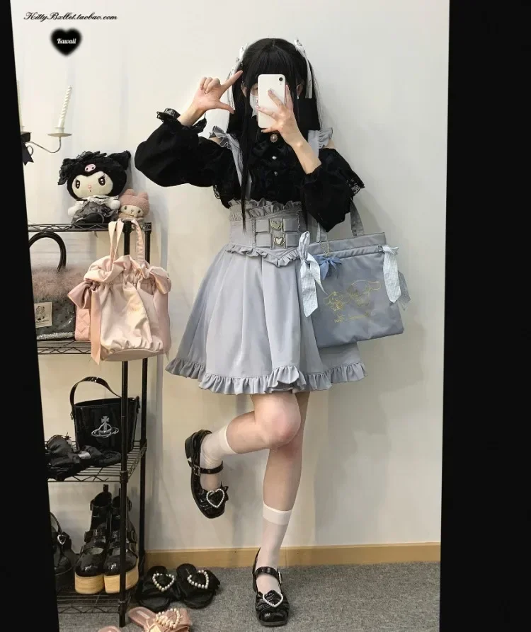 하라주쿠 스위트 하트 버튼 스커트 여성용 Y2k E-Girl 하이 웨이스트 크로스 스트랩 스커트 2025 가을 새로운 곰팡이 a 라인 Faldas Mujer