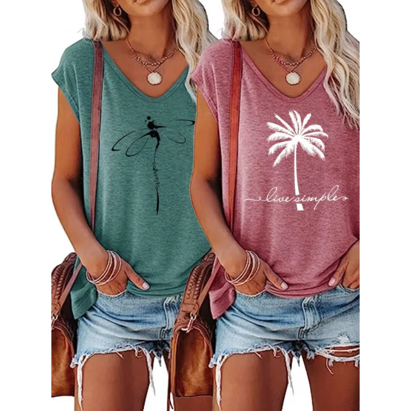 

New Cross-Border Women's FashionVCollared Sleeveless Vest Set with Dragonfly and Butterfly Pattern