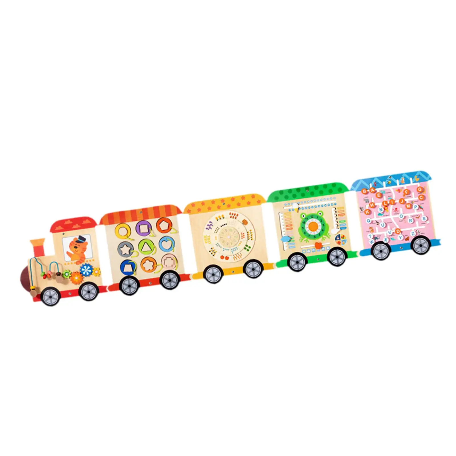 Placa ocupada de parede de atividade de trem, madeira, brinquedo de sala de jogos de reconhecimento de forma de cor, painel de parede educacional e sensorial para crianças pré-escolares
