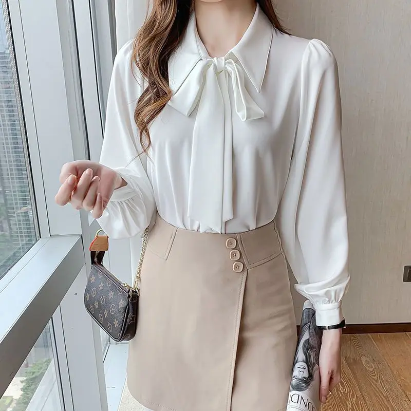 Autumn and Winter Casual Fashion Versatile Top Simplicity Lace Up Buttons Solid Color Long Sleeve Temperament Commuter Shirt