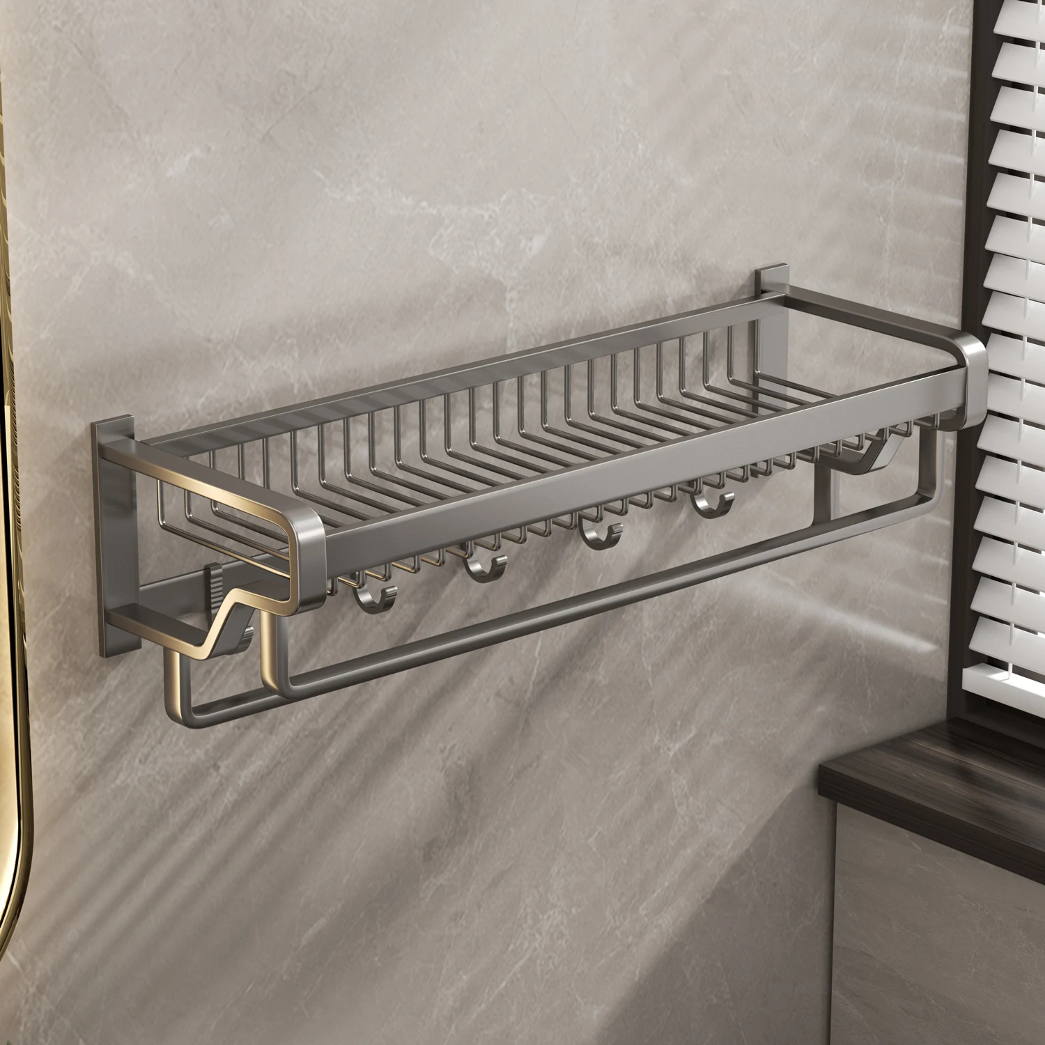 Bathroom Shelf Towel Hanger Rack Wall-mouted Double Rod Mesh Basket Towel Rack Holder Toiletries Storage Bathroom Wall Shelves